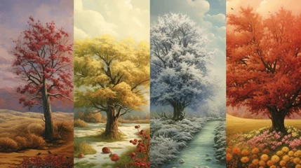 Poster Brique landscape with trees and fog with four seasons