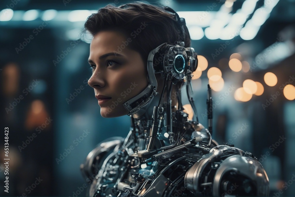 Aufkleber person talking with robotic ai futuristic technology or machine learning concepts technology