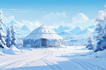 Illustration of winter landscape with a futuristic yurt in the snowy North Pole. Generative AI