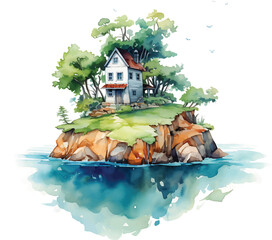 A watercolor house on an island