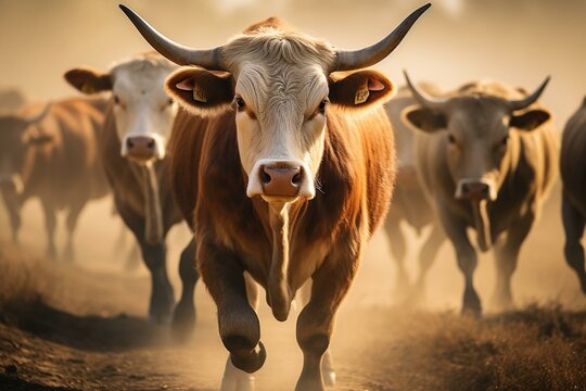 Front-facing image of adult cows and bulls against a blurred backdrop. Generative AI