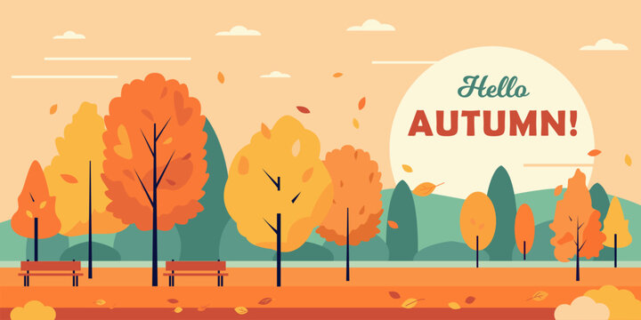 Autumn city park with orange trees and benches. Fall season with sun, clouds and bright leaves falling from trees. Landscape Vector flat banner or background illustration.