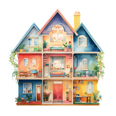 A watercolor illustration of a colorful doll house