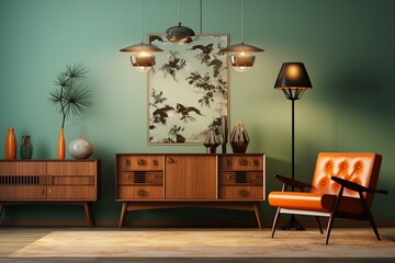 Retro interior decor with vintage furniture, lamps, and wallpaper, featuring a minimal chic design. Generative AI