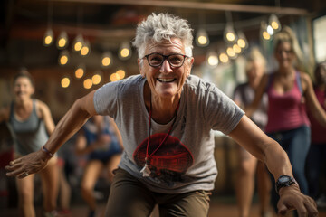An older adult participating in a fitness class, promoting healthy aging. Generative Ai.