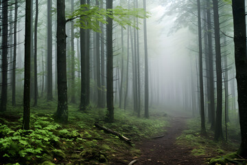 A misty forest trail surrounded by trees