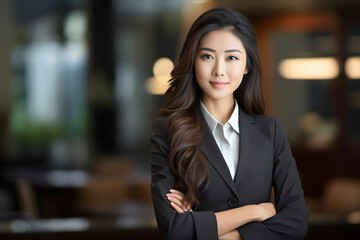 A confident woman in a business suit posing for a professional portrait