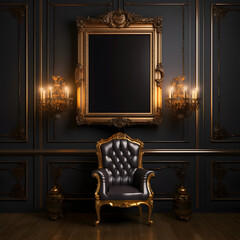Elegant dark room with gold ornate frame in spotlight frame mockup