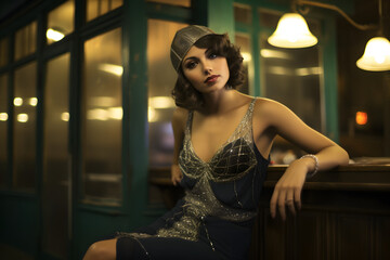 Female model in a 1920s flapper dress at a speakeasy