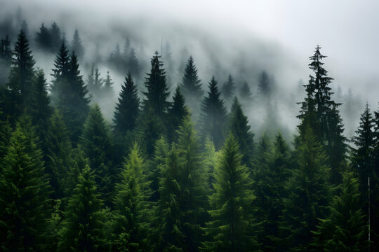 A dense fog enveloping a mystical forest, creating an ethereal and enchanting atmosphere © Nelson