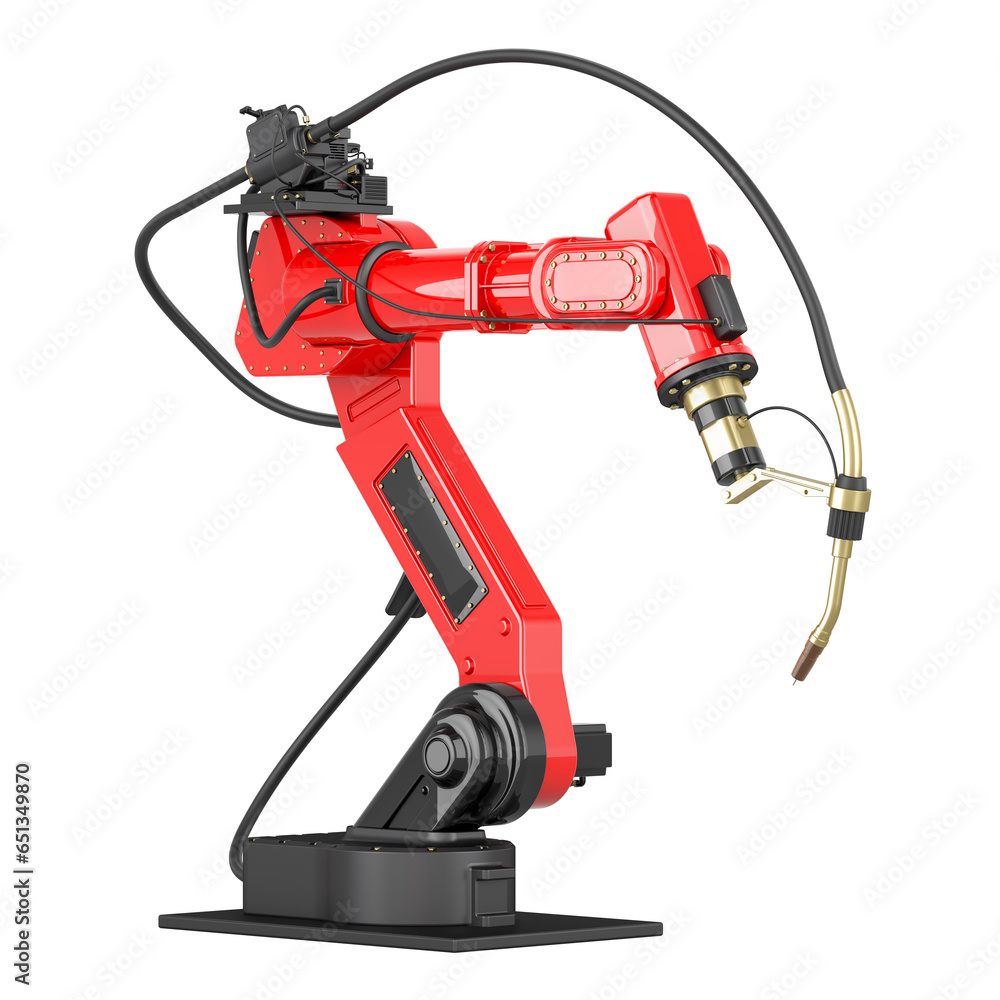 Poster robot welding, 3d rendering isolated on transparent background
