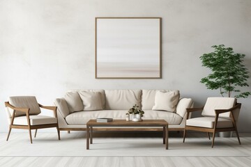 Modern neutral interior featuring sofa, armchair, blank wall, coffee table, and decor. Generative AI