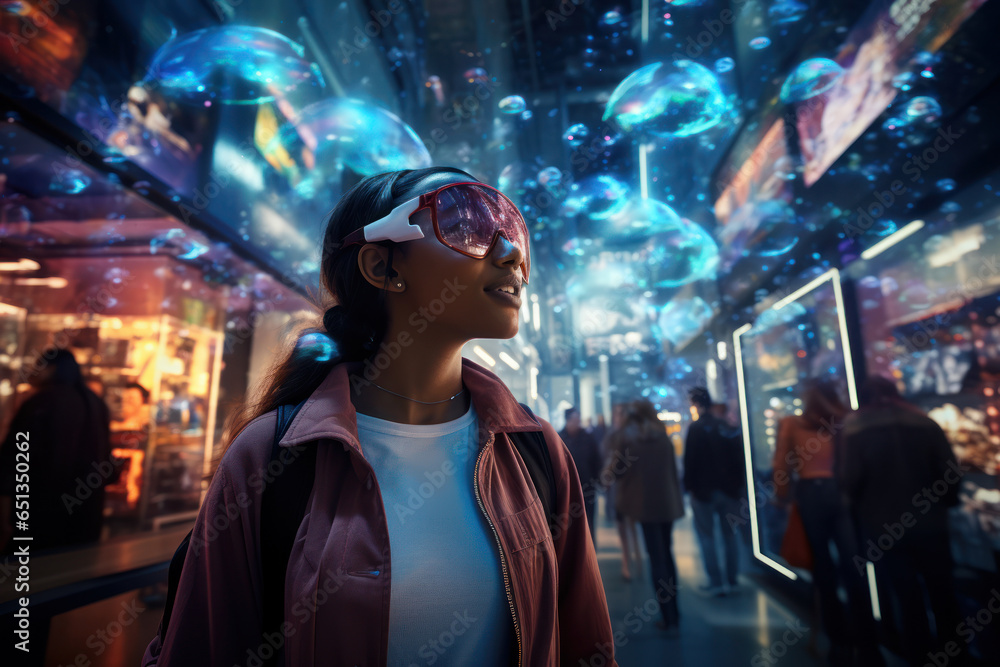 Poster a shopper navigating through a virtual reality store, exploring the future of immersive e-commerce. 
