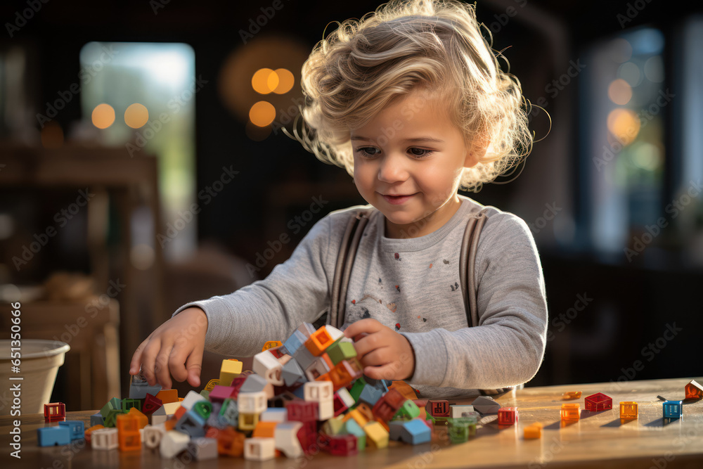 Poster a child playing with building blocks, illustrating cognitive and motor development. generative ai.
