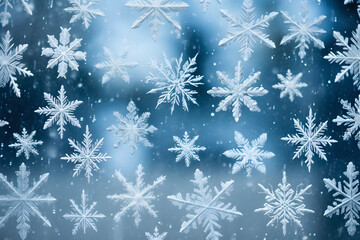 A snow-covered window with delicate snowflakes