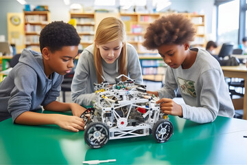 Students building a robotic car in a STEM classroom