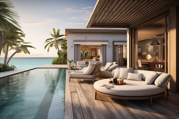 Luxurious beach house with infinity pool and sea view, featuring a cozy living area complete with sofa, armchair, stool, side table, lights, and drapes. Perfect vacation villa. Generative AI