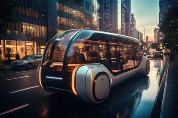 An autonomous shuttle transporting passengers in a city. Generative Ai.
