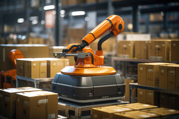 A robotic picker sorting and packing products in an e-commerce warehouse. Generative Ai.