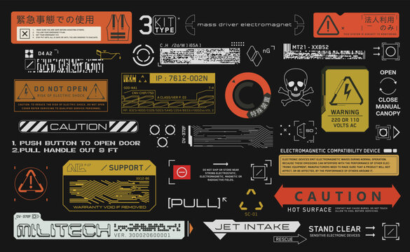 Cyberpunk decals set. Set of vector stickers and labels in futuristic style. Inscriptions and symbols. Japanese hieroglyphs for Use in emergency situations, Corporate use only, Special equipment.