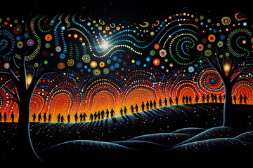 Australian Aboriginal dot painting style art with people and landscape.