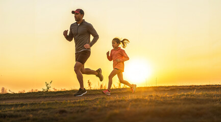 Latino dad and daughter running together, jogging, healthy activity and exercise, family relationship, father