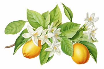 Illustration of Citrus Aurantium leaves and flowers, used in herbal medicine and aromatherapy. Generative AI