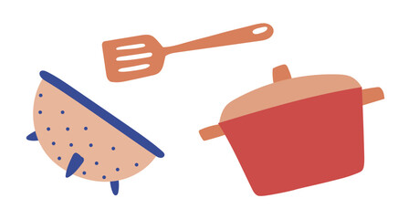 Pot and colander with turner spatula vector illustration editable sketch kitchen utensils - obrazy, fototapety, plakaty