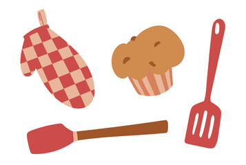 Cupcake, spatula and oven gloves editable vector illustration kitchen essentials sketch