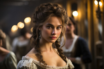 Fototapeta premium Actors in period costumes during a historical film shoot, depicting the art of cinematic transformation. Generative Ai.