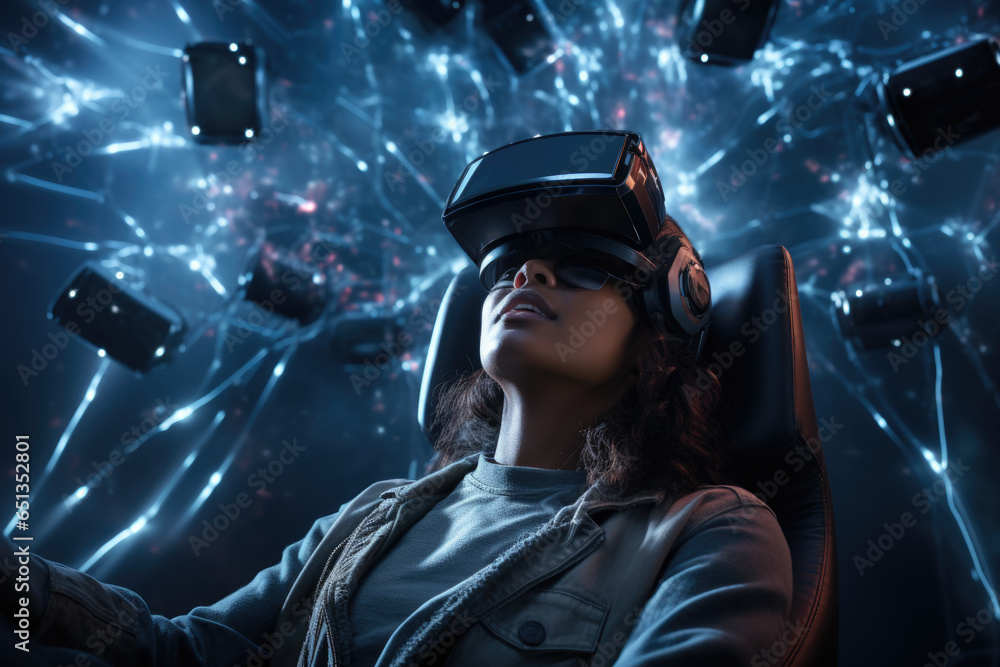 Poster a person immersed in a virtual reality cinema experience, exploring the future of storytelling. gene