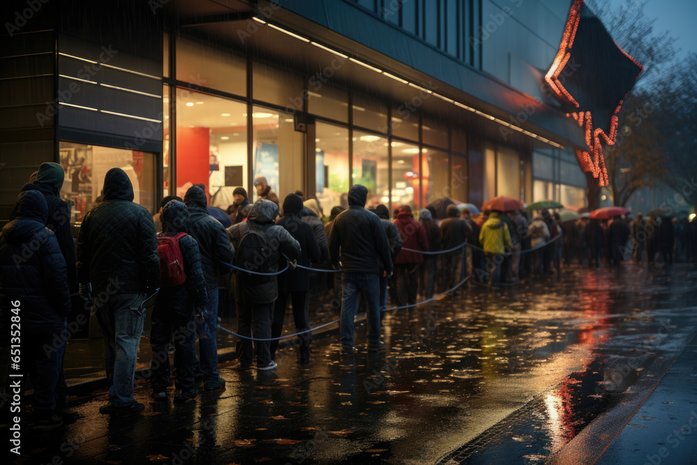 Poster Shoppers lining up outside a store in the early morning hours, waiting for Black Friday sales to begin. Generative Ai.