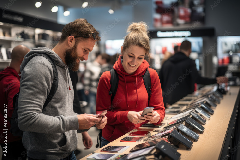 Poster shoppers comparing prices and product features on their smartphones while in-store. generative ai.