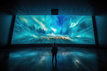 A person watching a film on a massive screen, emphasizing immersive viewing. Generative Ai.