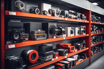 Fototapeta premium Shelves stocked with discounted electronics and gadgets, attracting tech-savvy consumers. Generative Ai.