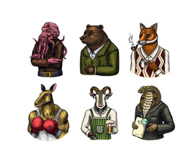 Grizzly Bear, Octopus, t-rex dinosaur, Elephant, Indian cobra snake, Fox with a smoking pipe, lion, Monkey scientist Goat with beer. Gentleman Fashion animal character in a suit. Hand drawn sketch.