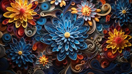 Psychedelic flower background, swirling, kaleidoscopic colors, filligree, paper quilling style