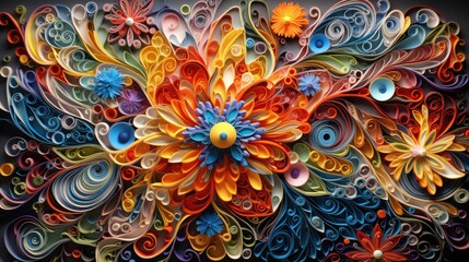 Psychedelic flower background, swirling, kaleidoscopic colors, filligree, paper quilling style