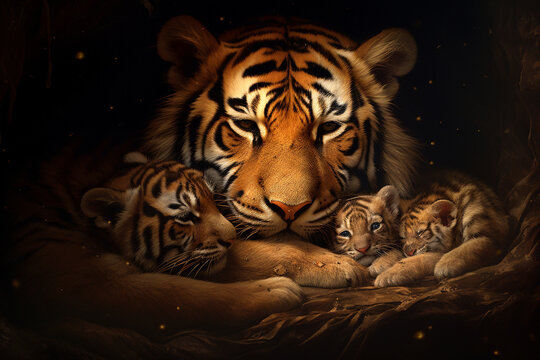 Tiger sleeping with his cub