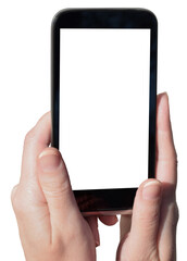 Hand holding smartphone on transparent, png. Mobile phone with blank screen. smartphone concept. app concept.