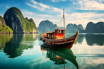 Astonishing scenery of a village and island in Halong Bay, Vietnam – a UNESCO World Heritage Site. Serene junk boat cruise to the popular landmark. Generative AI - obrazy, fototapety, plakaty