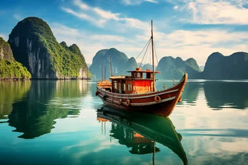 Deurstickers Astonishing scenery of a village and island in Halong Bay, Vietnam – a UNESCO World Heritage Site. Serene junk boat cruise to the popular landmark. Generative AI © Evander