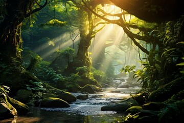 A magical rainforest with sunlight creating enchanting atmosphere. Generative AI - obrazy, fototapety, plakaty