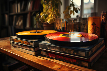 A stack of vinyl records with vintage album covers, representing the resurgence of analog music...