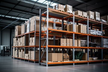 Furniture storage solutions. Rack system with adjustable shelves in a new warehouse building. Ideal for long term storage. Generative AI