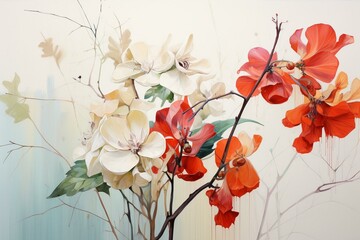 painting of flowers on white background, red and white petals, green stem and leaves in foreground. Generative AI
