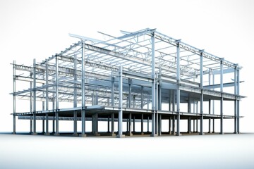 Metal structure building made with BIM model. Architectural, engineering, and construction background. 3D rendering on a white background. Generative AI