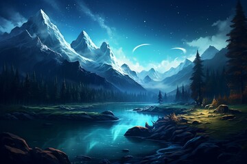 Fototapeta na wymiar Relaxing night scenery with flowing river and majestic mountains. Generative AI