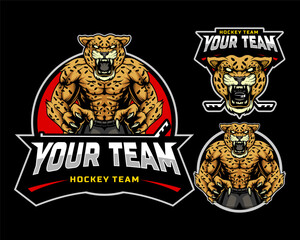 Ice Hockey Shield Emblem Badge Club logo with a mascot combination of a jaguar head and half a body. set of three logo combinations