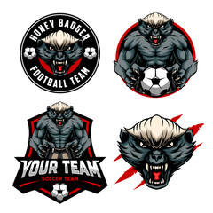 Football Soccer Club Emblem Badge Logo design with a mascot combination of a honey badger head and half a body. set of logo combinations